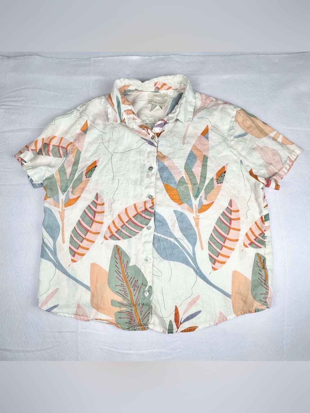 Cynthia Rowley Top Womens Small 100% Linen Tropical Button Down White Floral